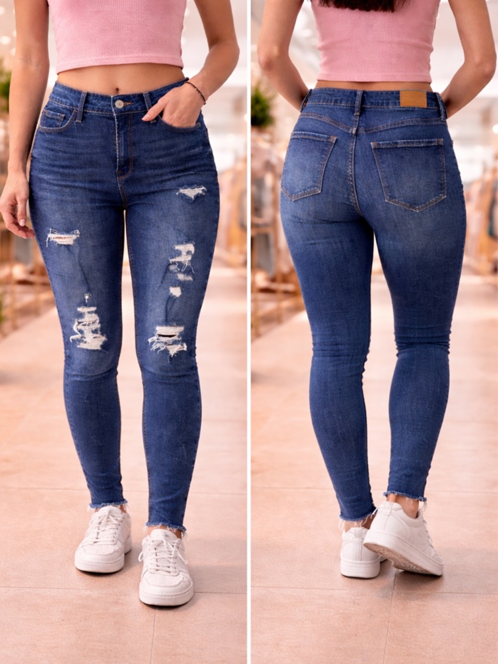 Old Navy Women's Dark Blue Skinny Jeans with Knee Distress